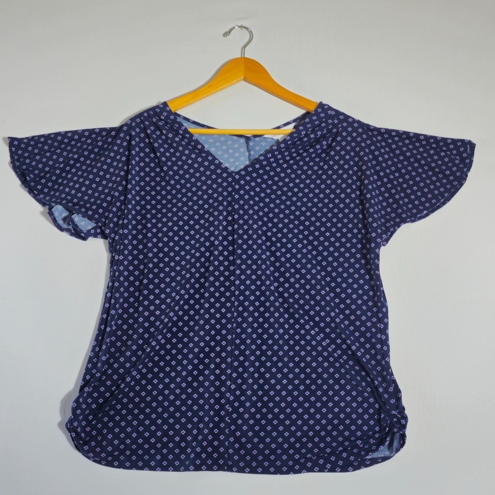 Liz Claiborne Navy Blue Geometric Flutter Sleeve Blouse Top L Preppy Chic Work
